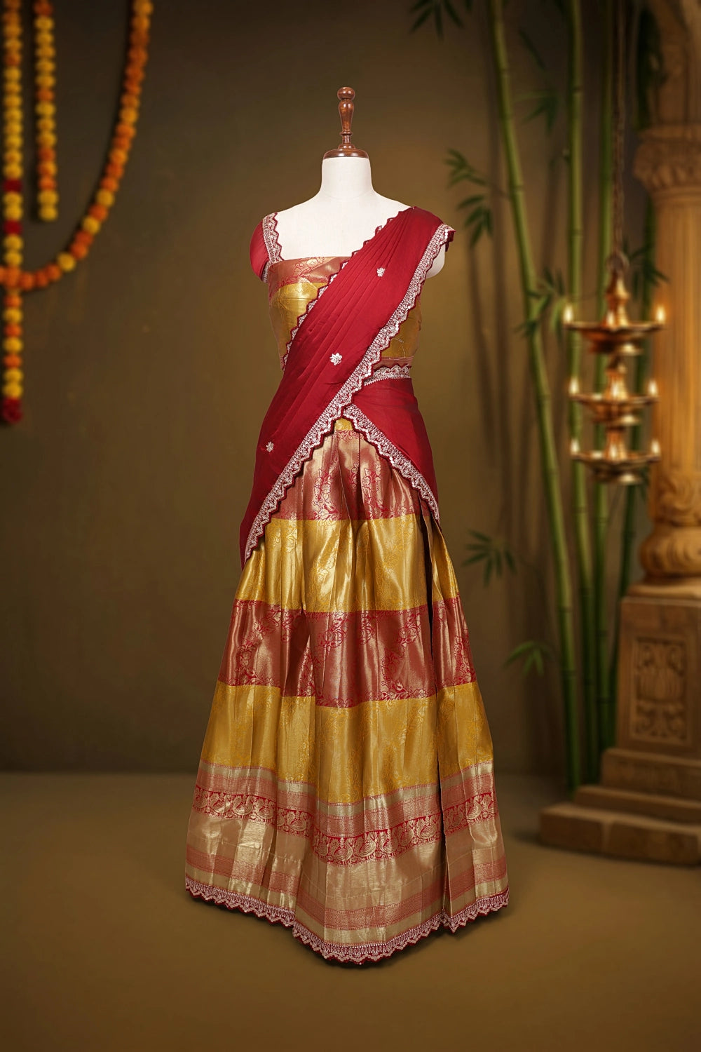 Mustard Yellow & Red Synthetic Brocade Dhavani Set