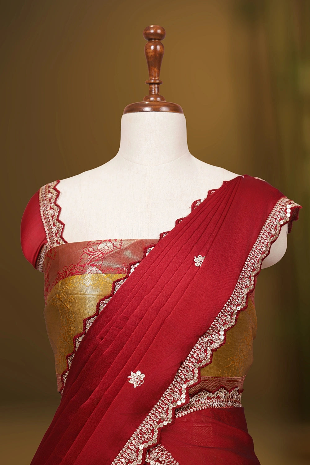 Mustard Yellow & Red Synthetic Brocade Dhavani Set