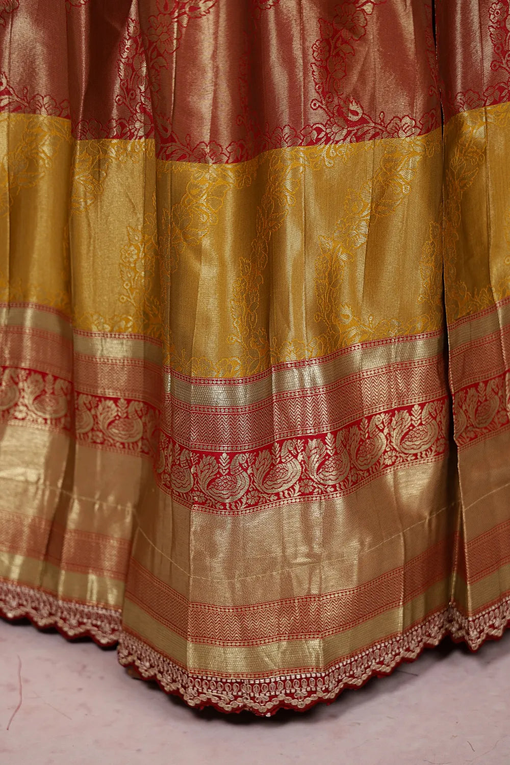 Mustard Yellow & Red Synthetic Brocade Dhavani Set