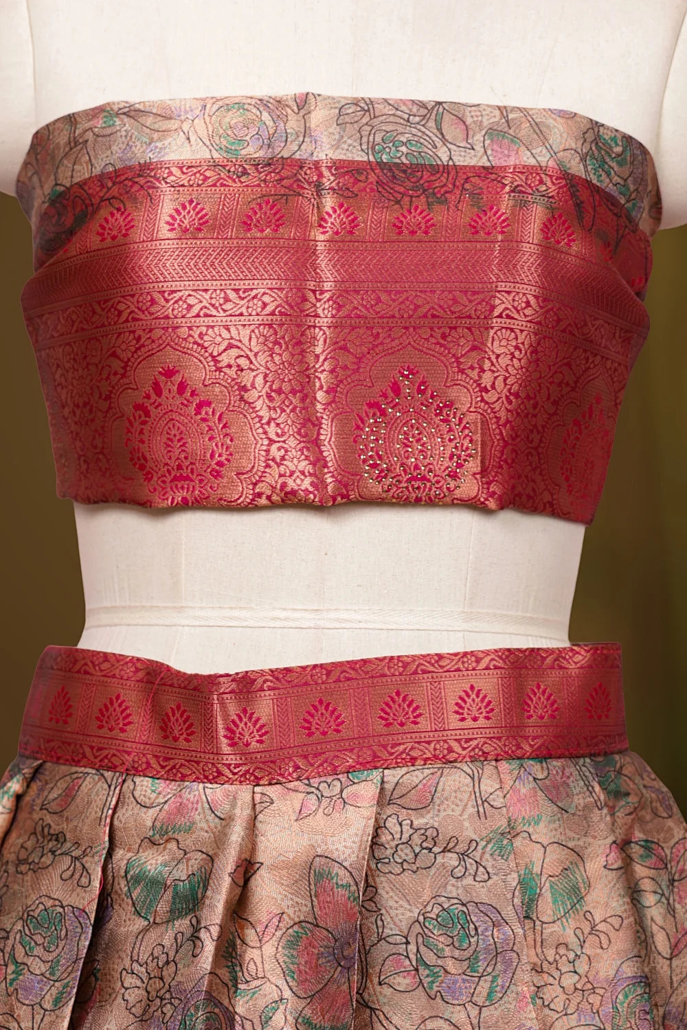 Beige And Magentha Synthetic Brocade Dhavani Set