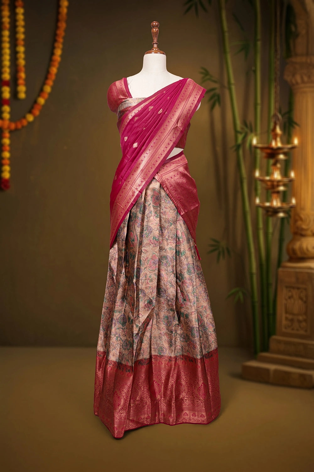 Beige And Magentha Synthetic Brocade Dhavani Set