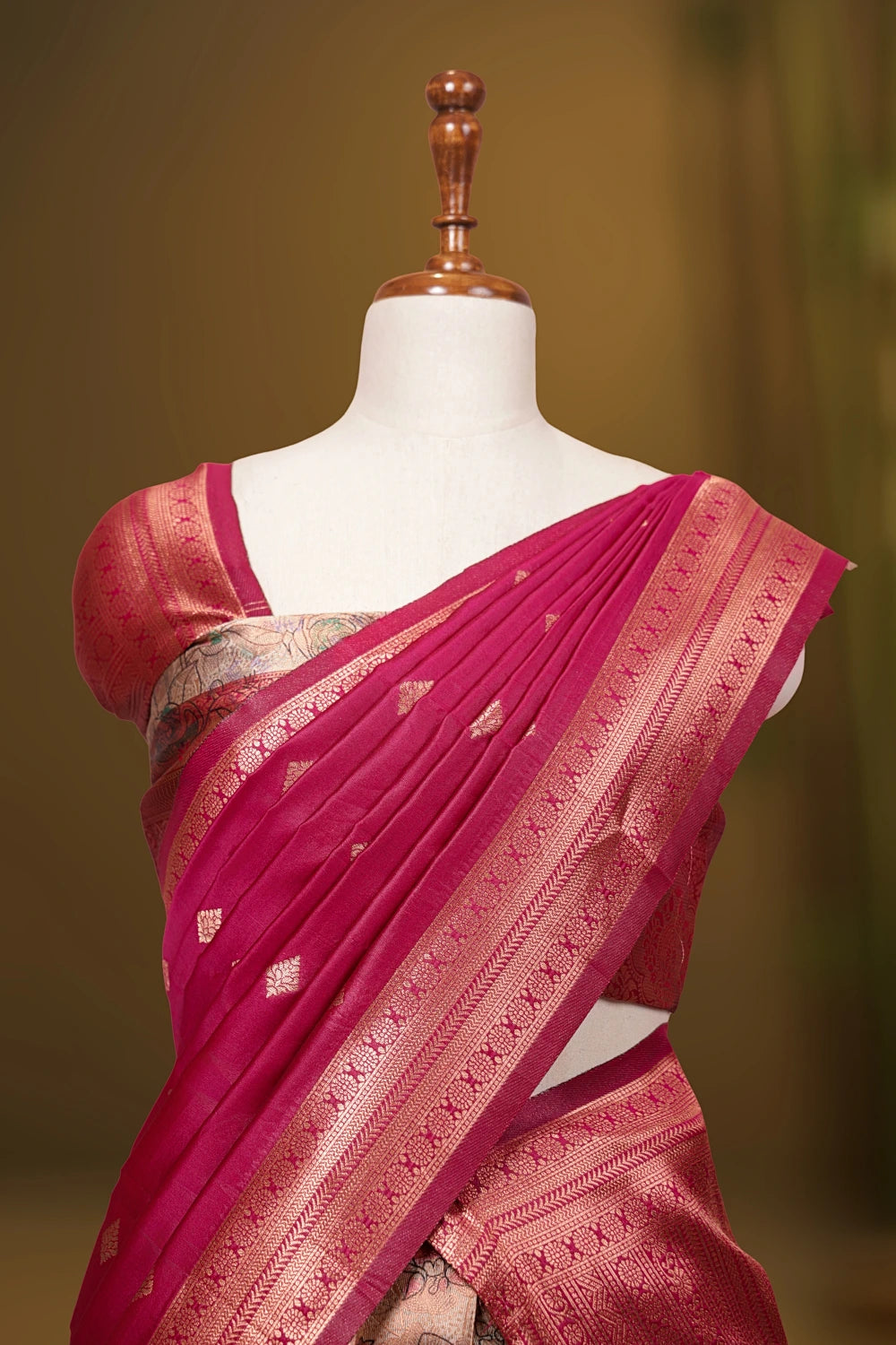 Beige And Magentha Synthetic Brocade Dhavani Set