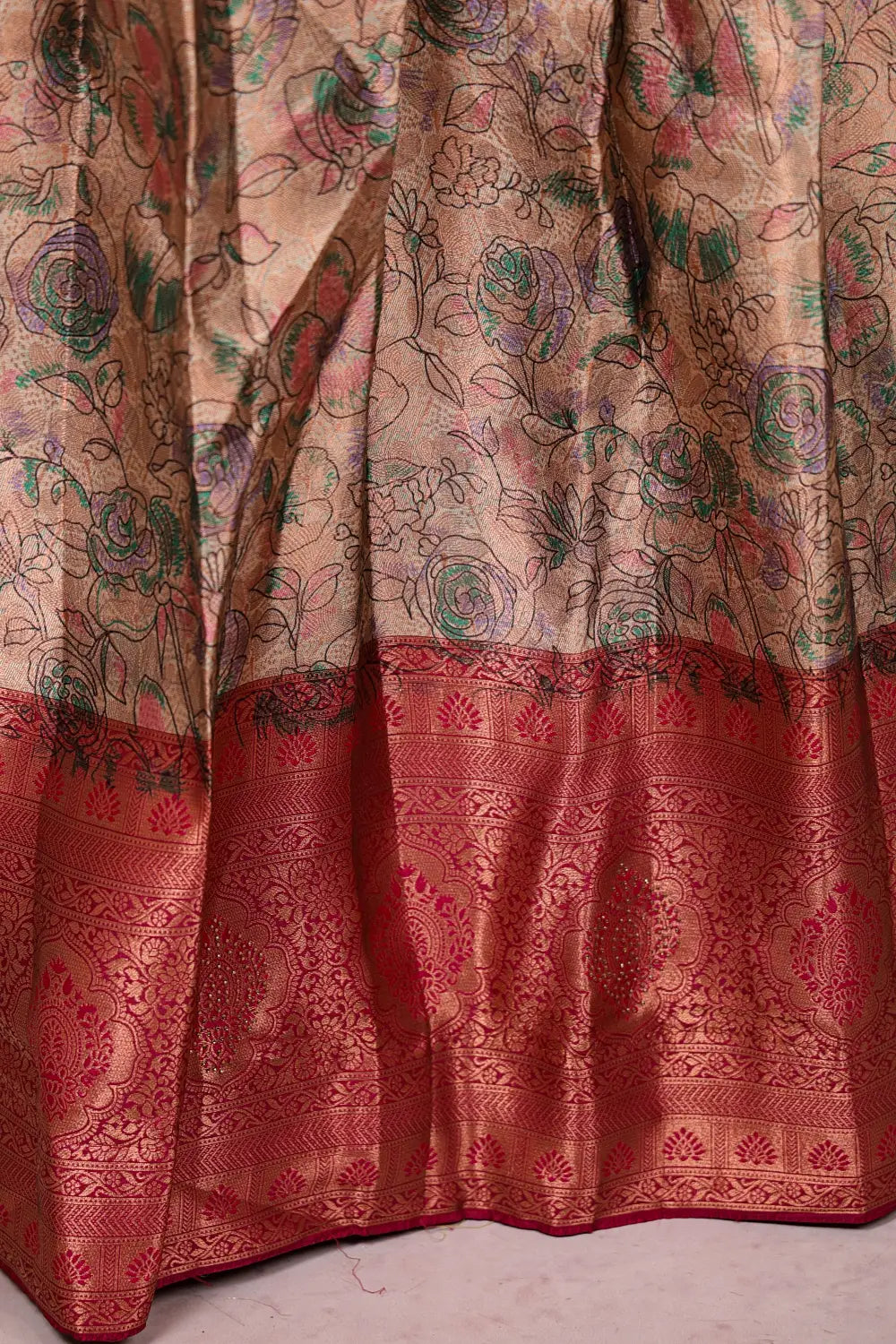 Beige And Magentha Synthetic Brocade Dhavani Set