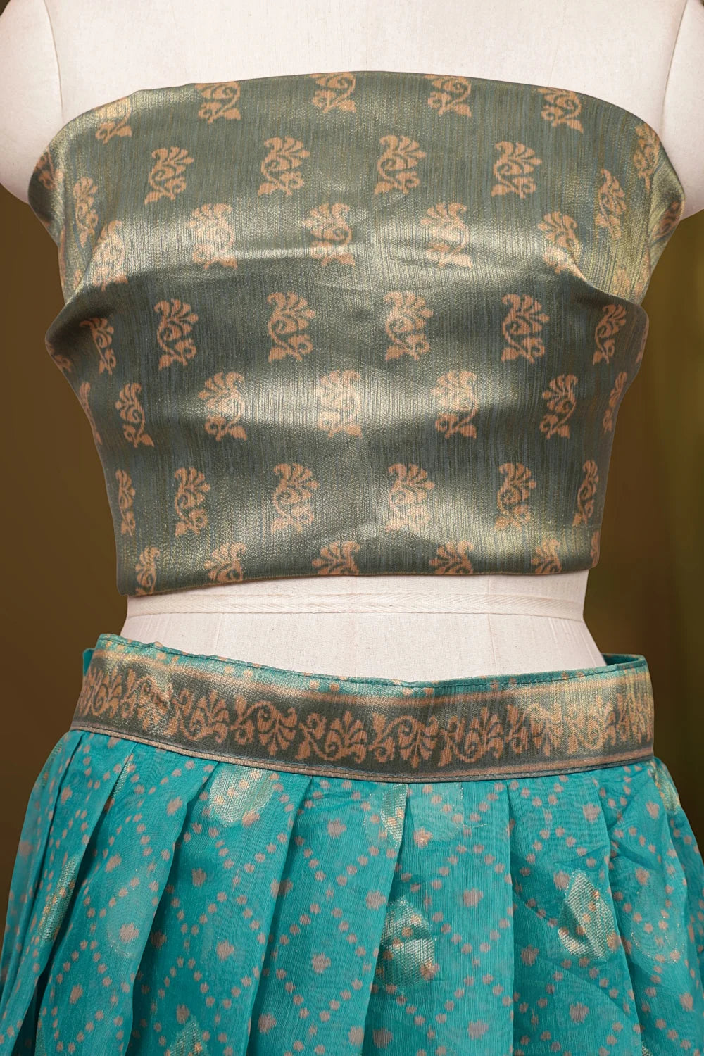 Aqua Green & Beige Tissue Chanderi Dhavani Set