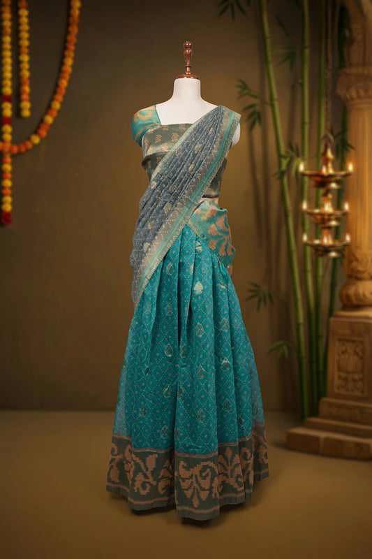 Aqua Green & Beige Tissue Chanderi Dhavani Set
