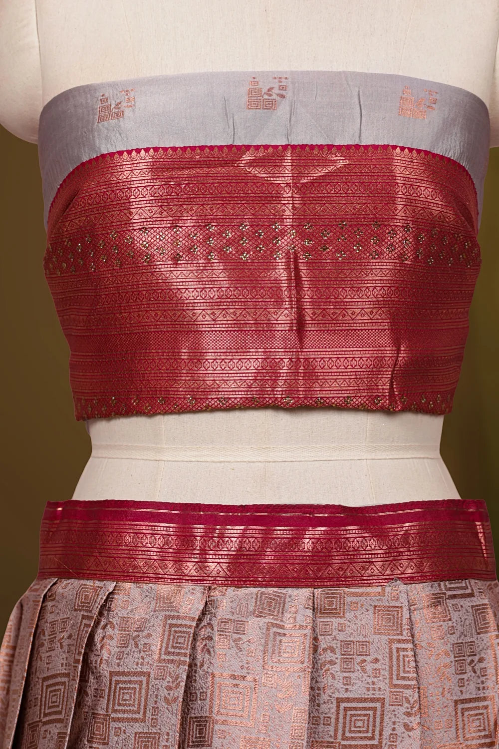 Pearl Grey And Magentha Synthetic Silk Dhavani Set
