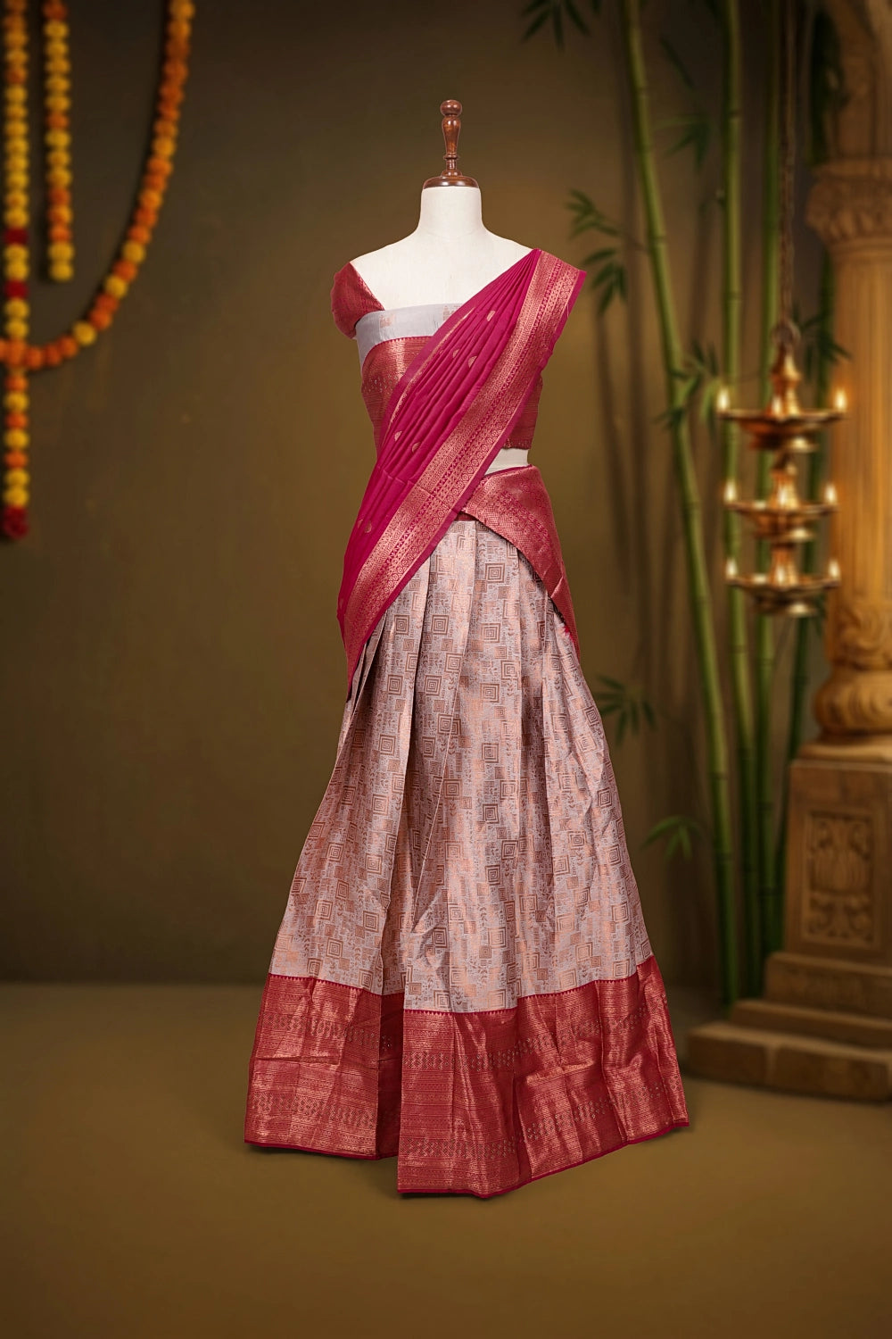 Pearl Grey And Magentha Synthetic Silk Dhavani Set