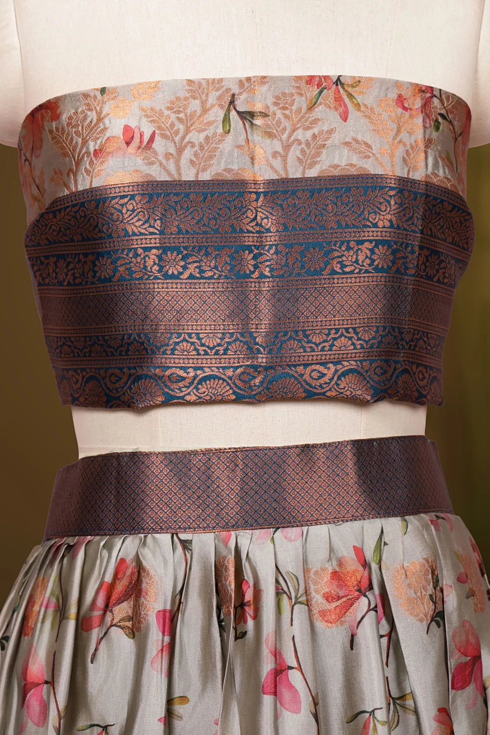 Sage Grey And Teal Blue Semi Silk Dhavani Set