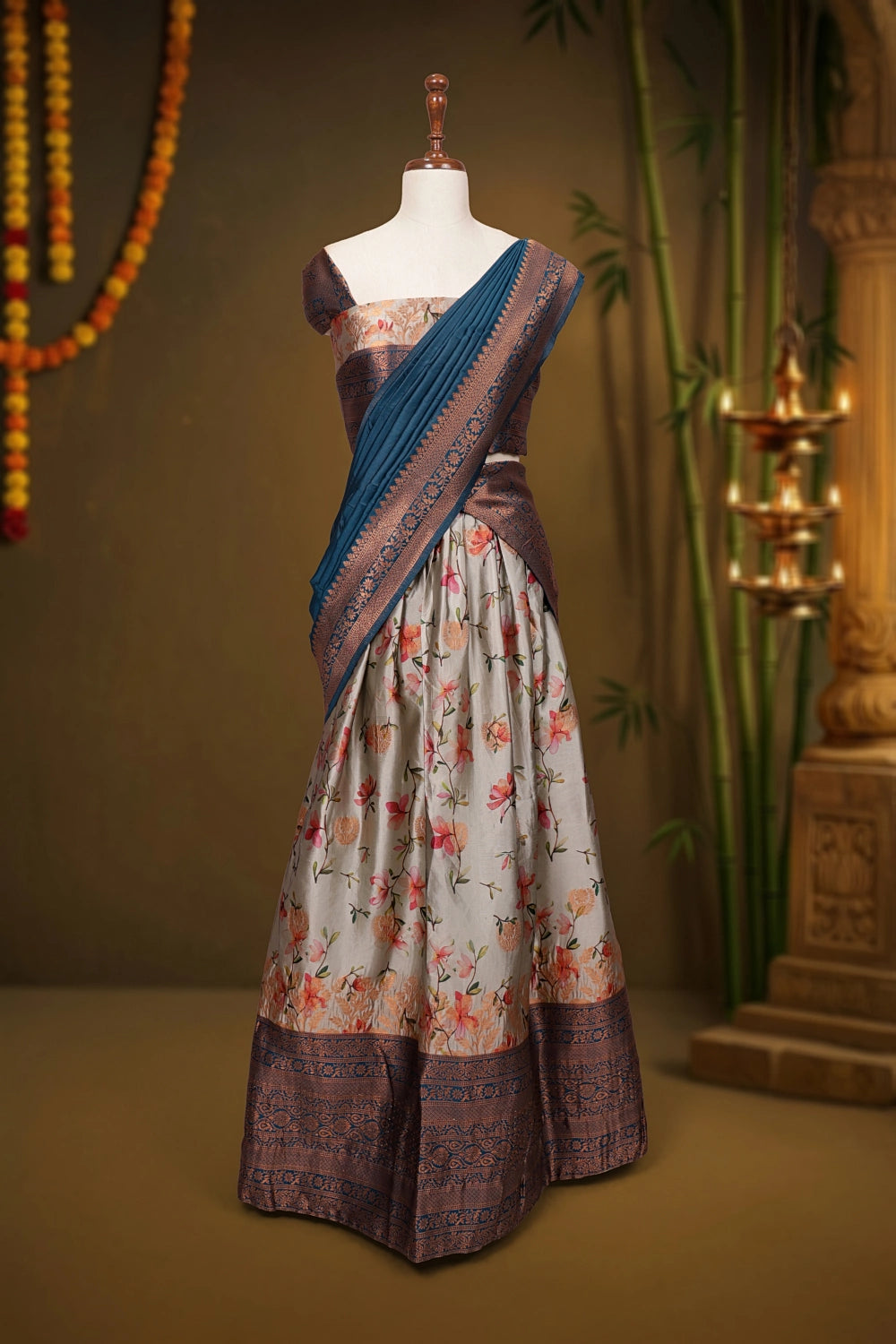 Sage Grey And Teal Blue Semi Silk Dhavani Set