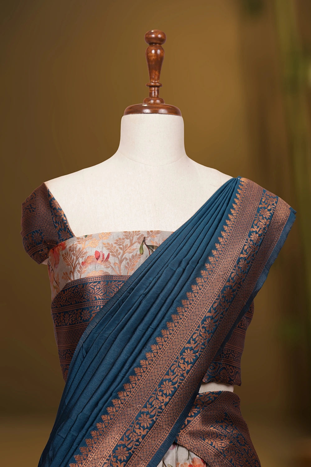 Sage Grey And Teal Blue Semi Silk Dhavani Set