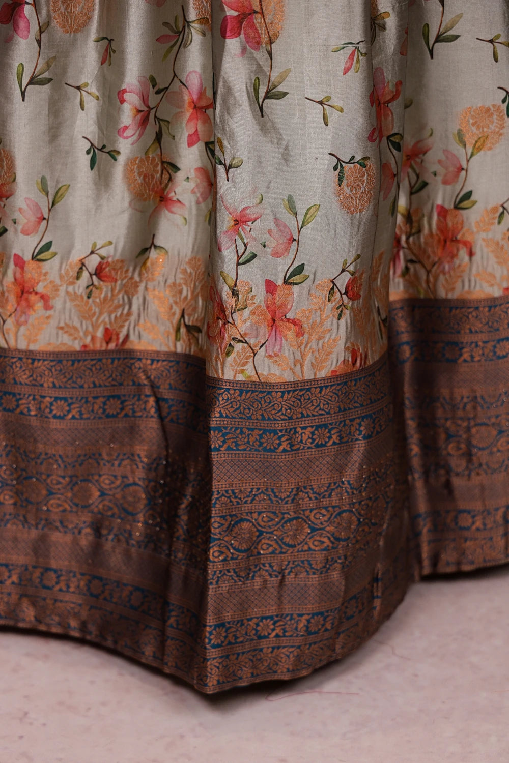 Sage Grey And Teal Blue Semi Silk Dhavani Set