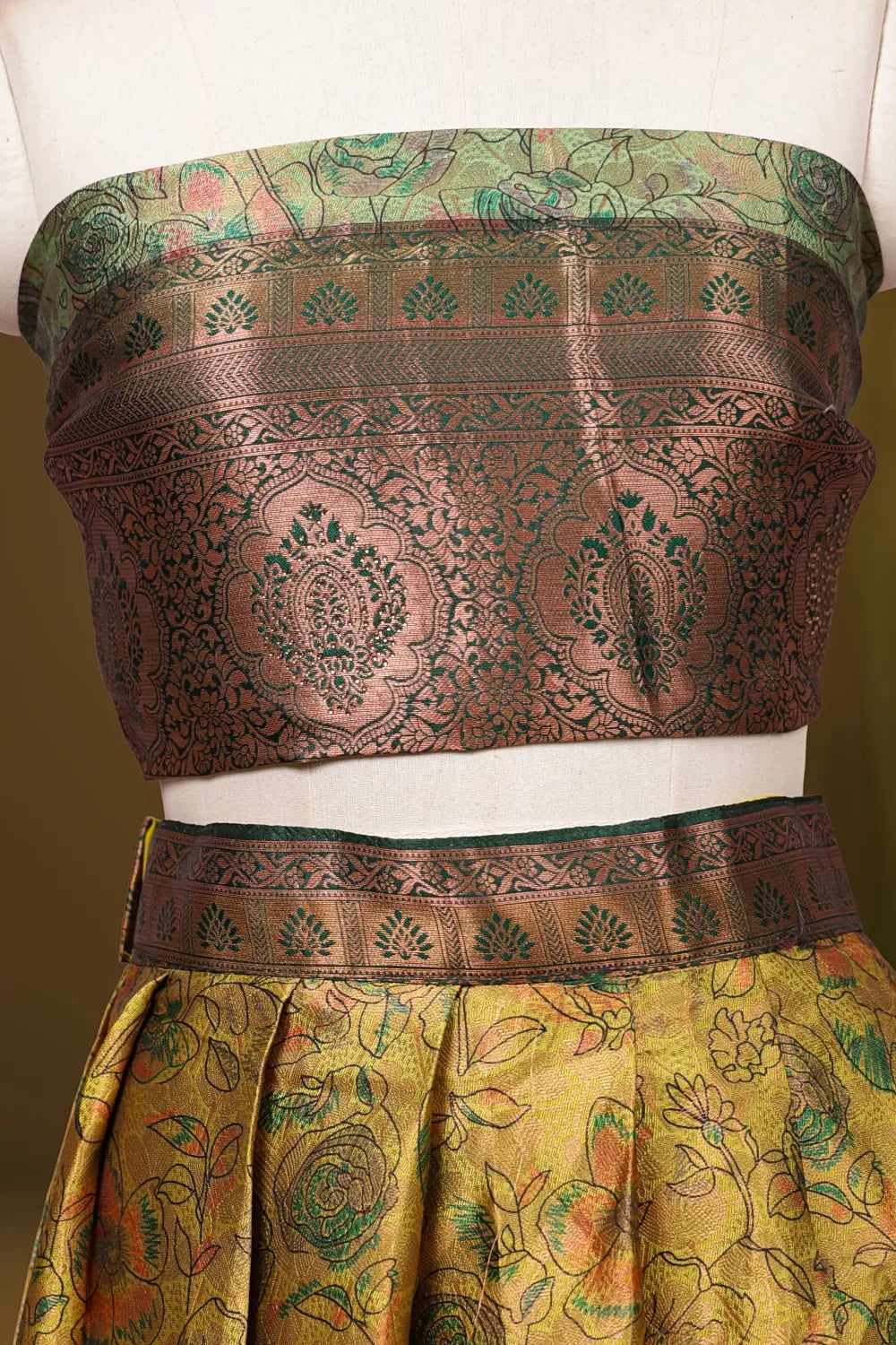 Lemon Green And Bottle Green Synthetic Brocade Dhavani Set