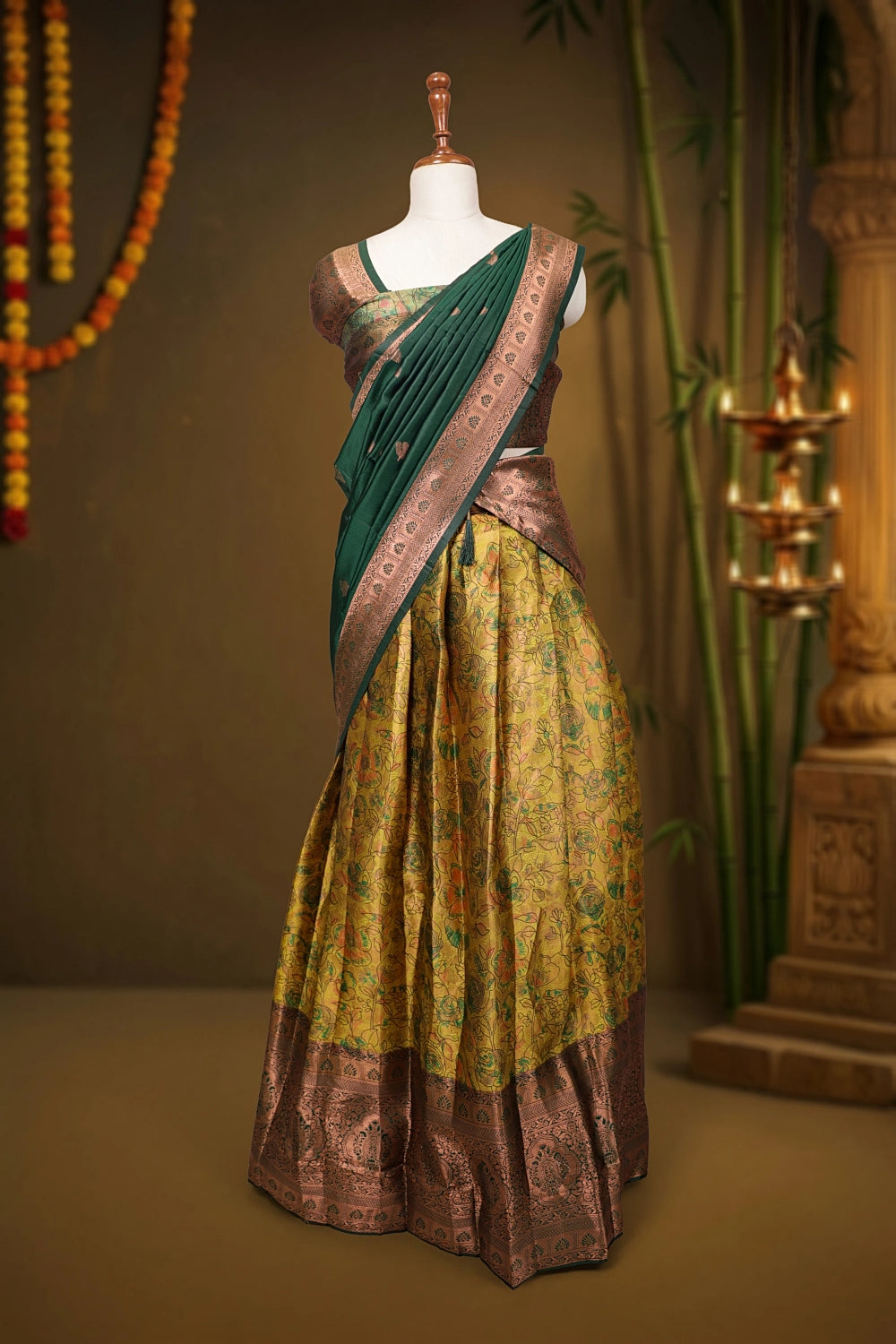 Lemon Green And Bottle Green Synthetic Brocade Dhavani Set