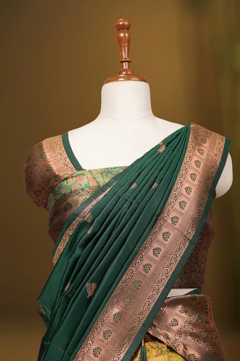 Lemon Green And Bottle Green Synthetic Brocade Dhavani Set