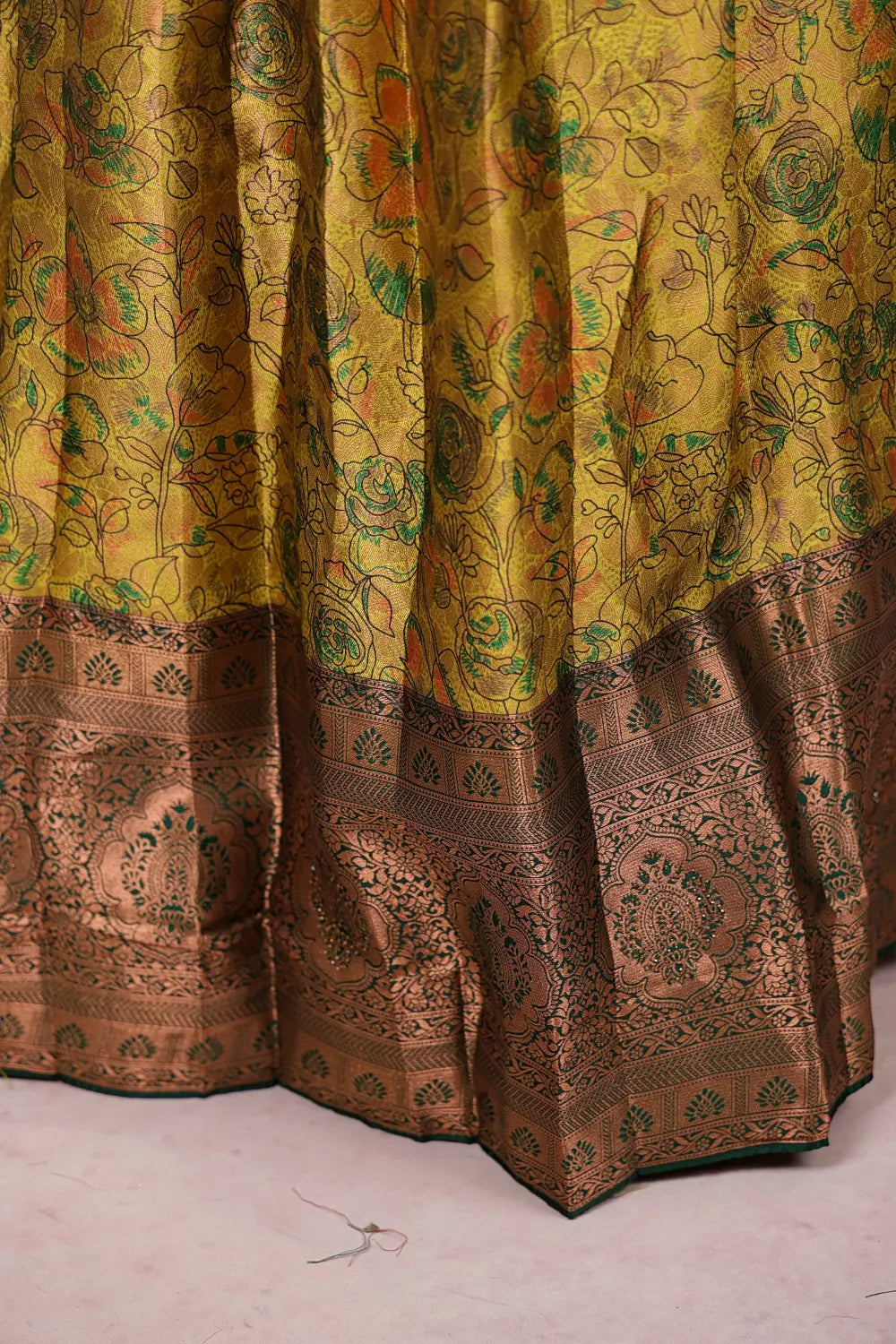 Lemon Green And Bottle Green Synthetic Brocade Dhavani Set