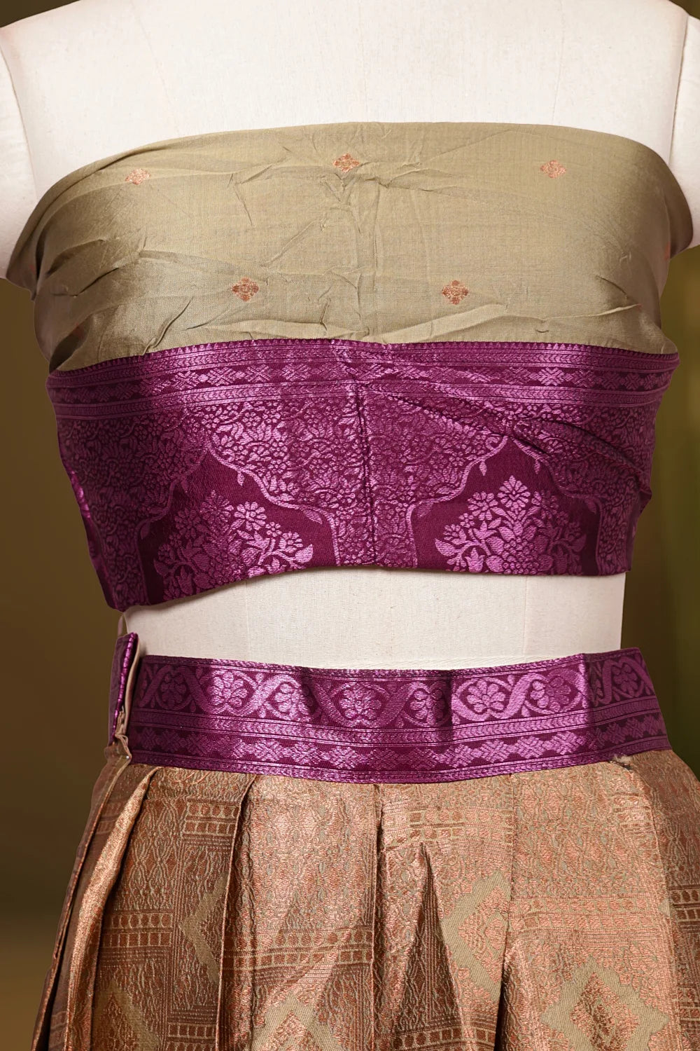 Beige And Wine Colour Brocade Dhavani Set