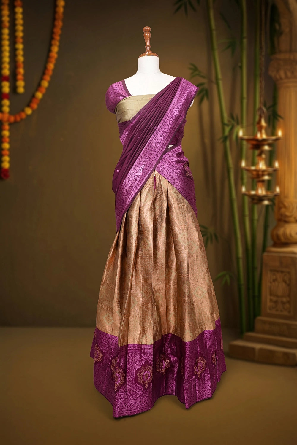 Beige And Wine Colour Brocade Dhavani Set