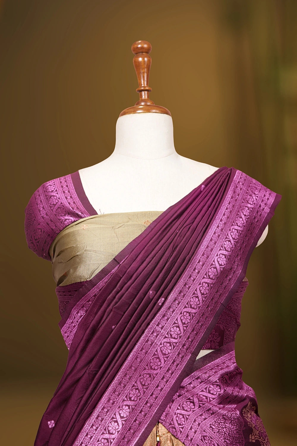 Beige And Wine Colour Brocade Dhavani Set