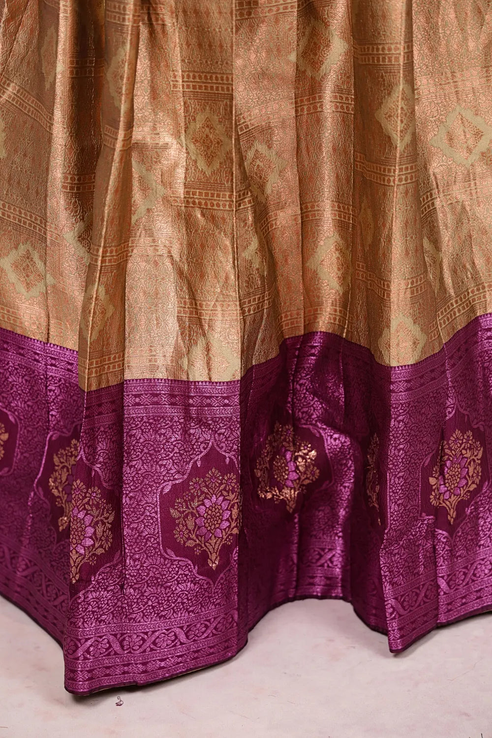 Beige And Wine Colour Brocade Dhavani Set