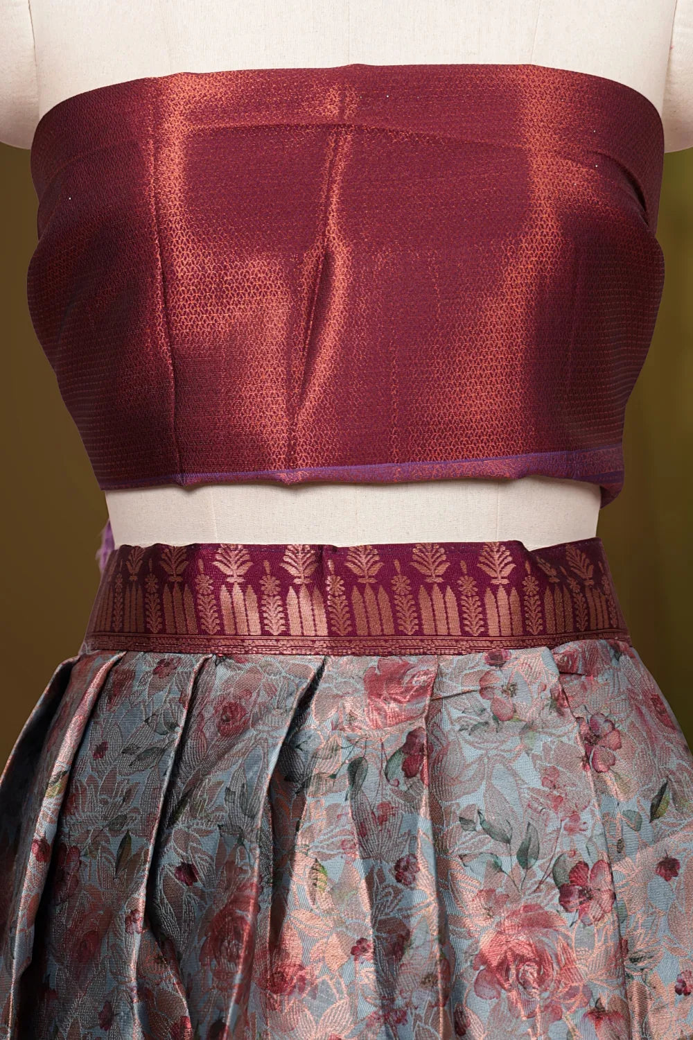Powder Blue And Wine Synthetic Brocade Dhavani Set