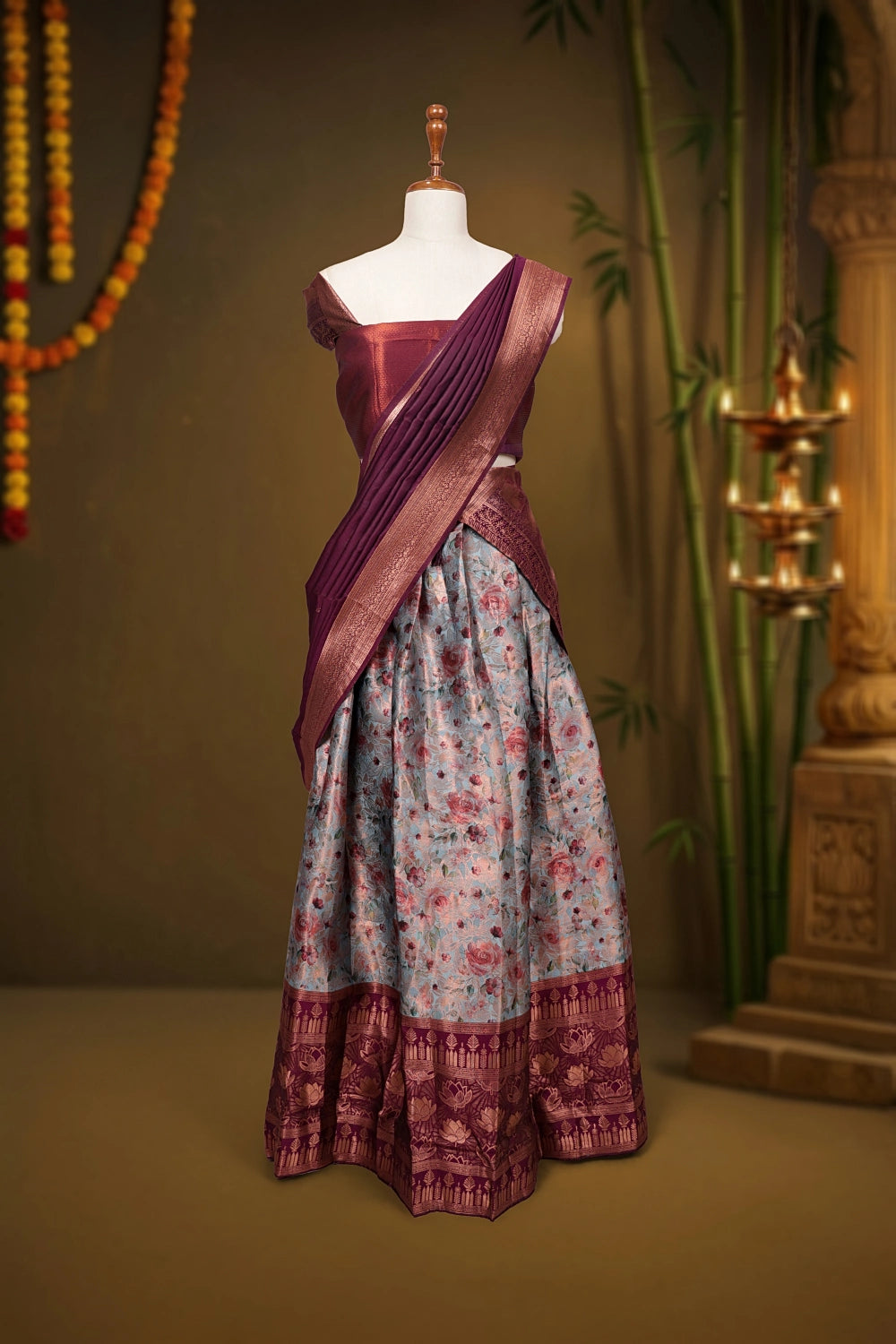Powder Blue And Wine Synthetic Brocade Dhavani Set