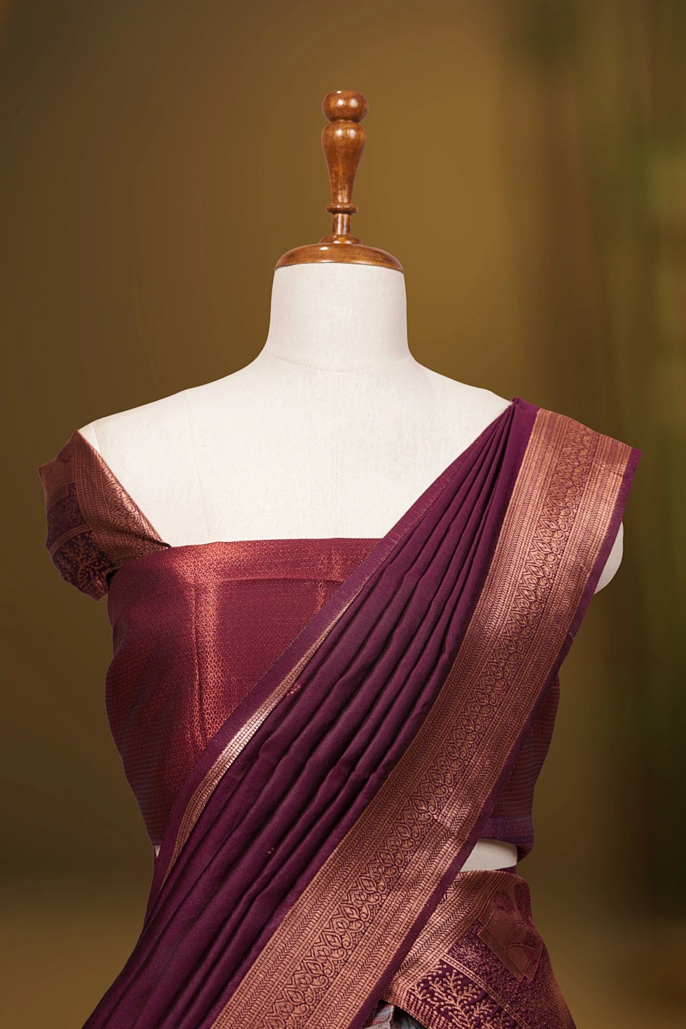 Powder Blue And Wine Synthetic Brocade Dhavani Set