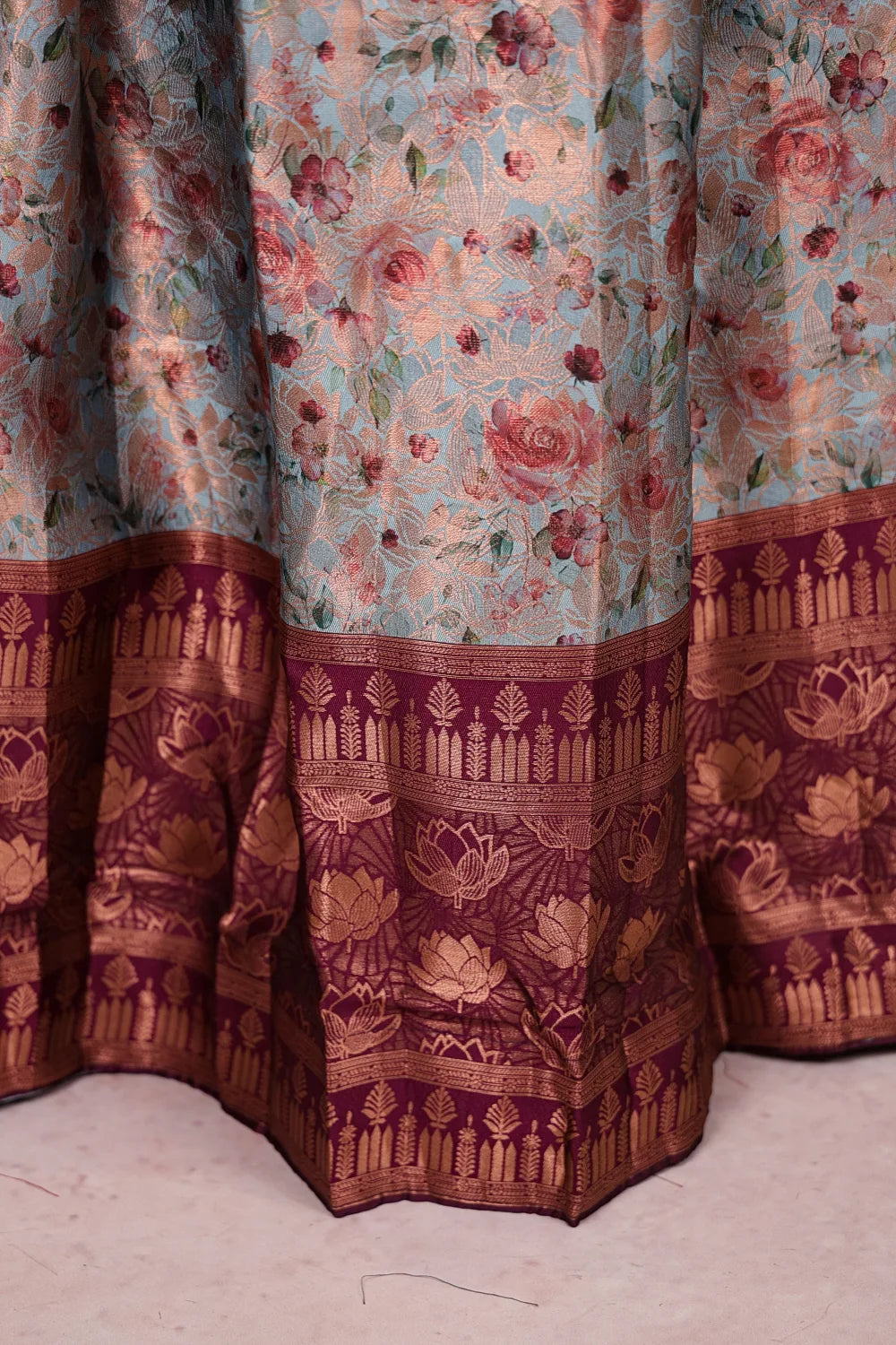 Powder Blue And Wine Synthetic Brocade Dhavani Set