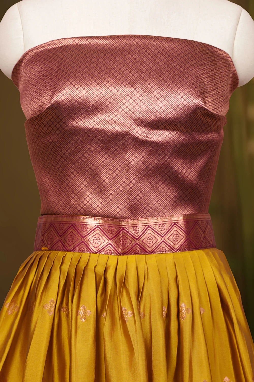Mustard Yellow And Grape Wine Semi Silk Dhavani Set - Seematti