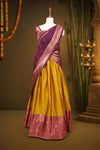Mustard Yellow And Grape Wine Semi Silk Dhavani Set - Seematti