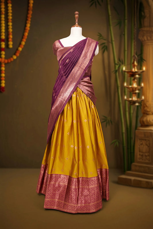 Mustard Yellow And Grape Wine Semi Silk Dhavani Set - Seematti