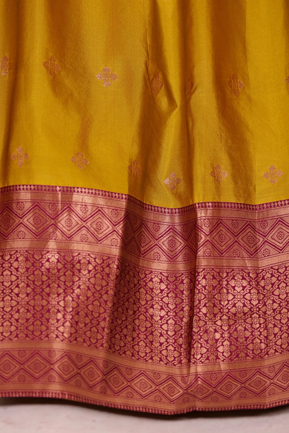 Mustard Yellow And Grape Wine Semi Silk Dhavani Set - Seematti