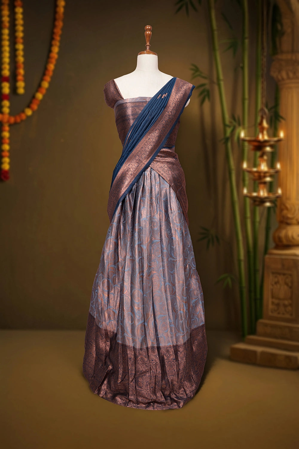 Powder Blue And Teal Blue Synthetic Brocade Dhavani Set