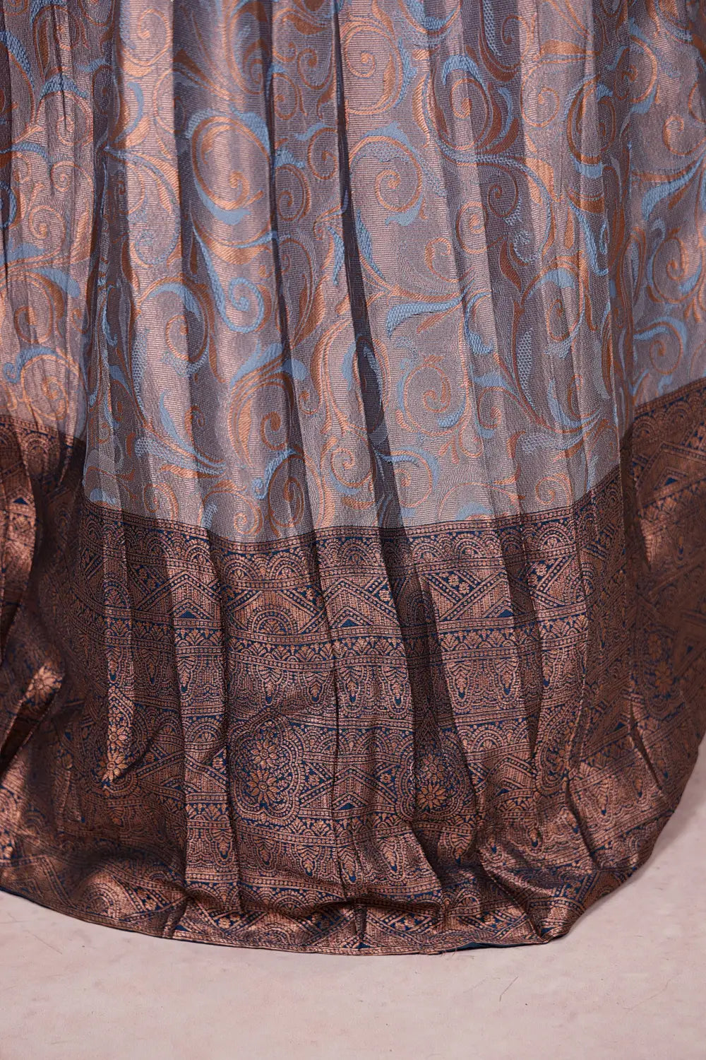 Powder Blue And Teal Blue Synthetic Brocade Dhavani Set