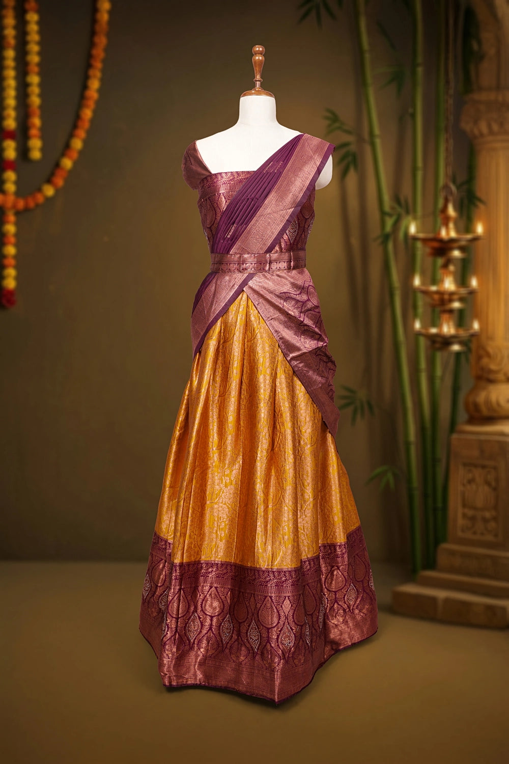 Mustard Yellow & Grape Wine Synthetic Brocade Dhavani Set