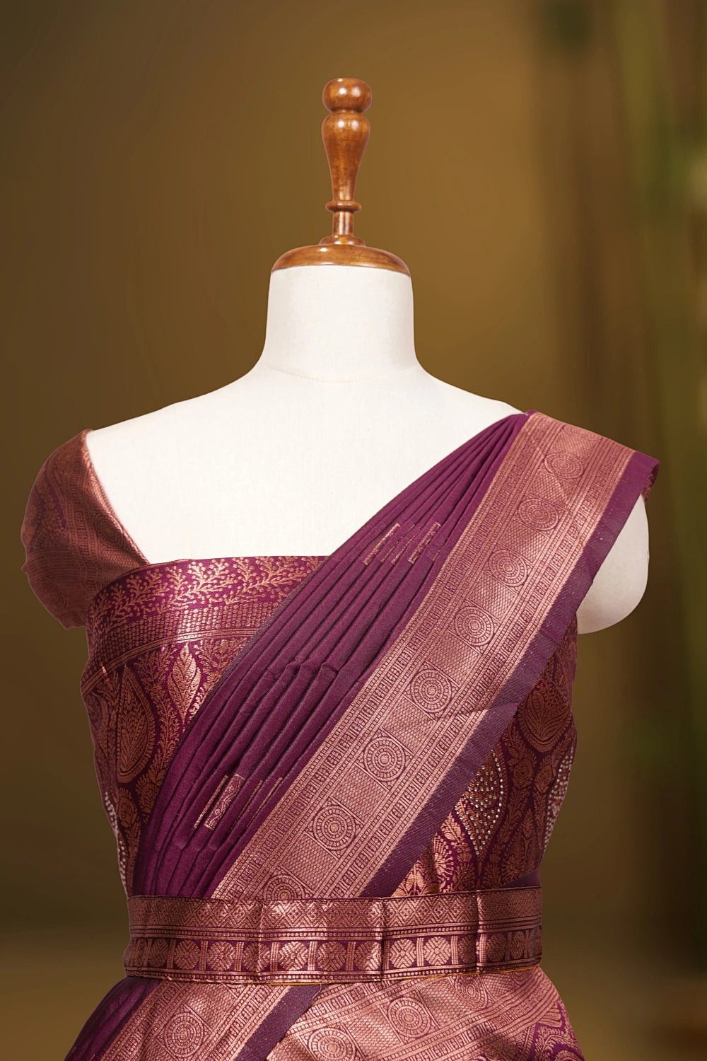Mustard Yellow & Grape Wine Synthetic Brocade Dhavani Set