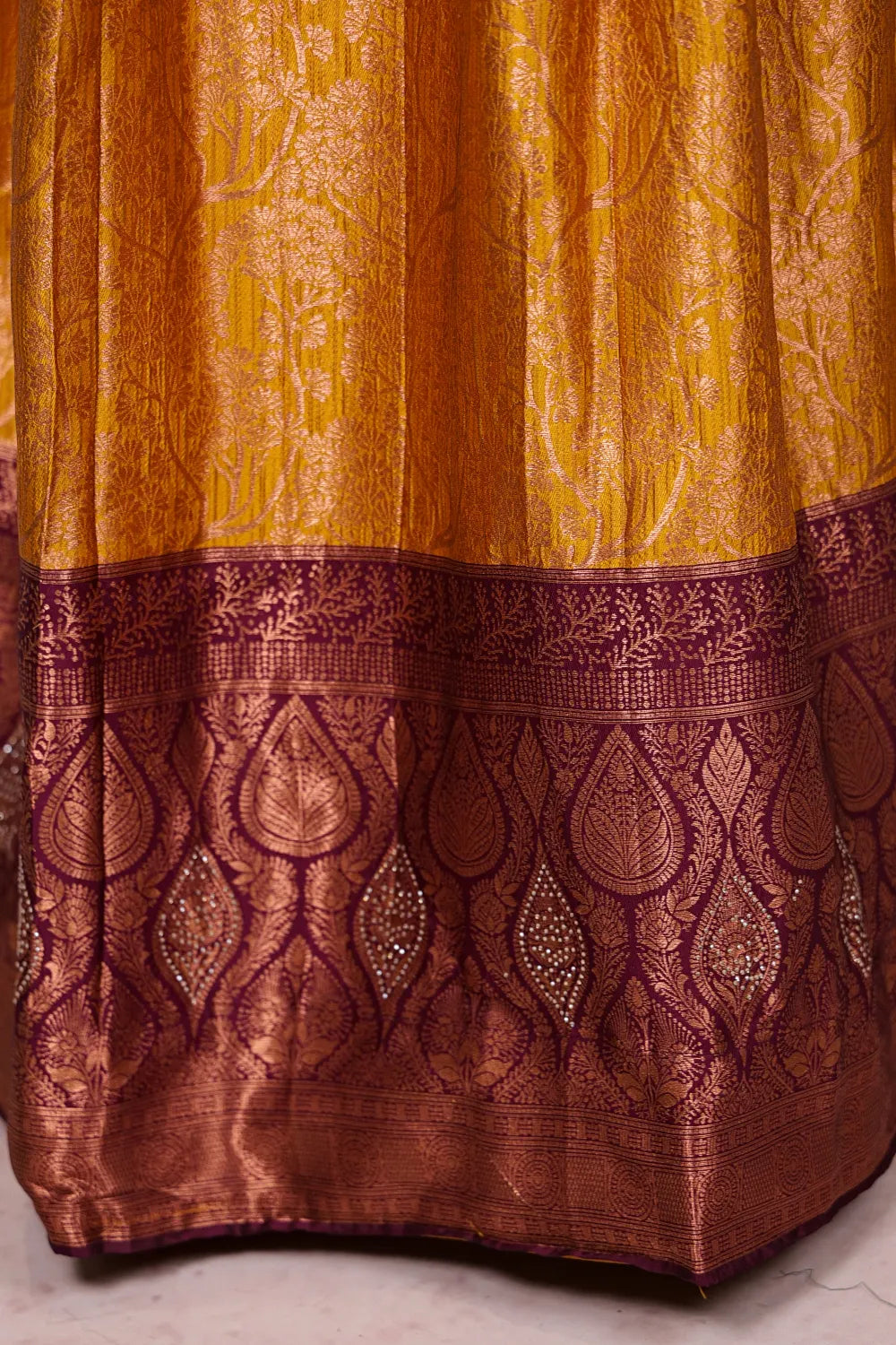 Mustard Yellow & Grape Wine Synthetic Brocade Dhavani Set