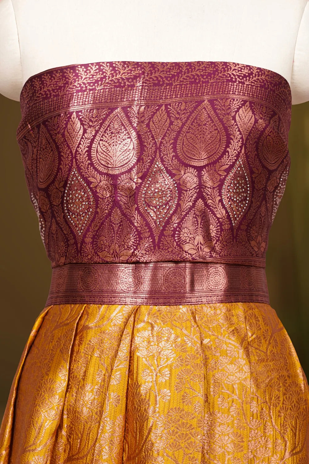 Mustard Yellow & Grape Wine Synthetic Brocade Dhavani Set