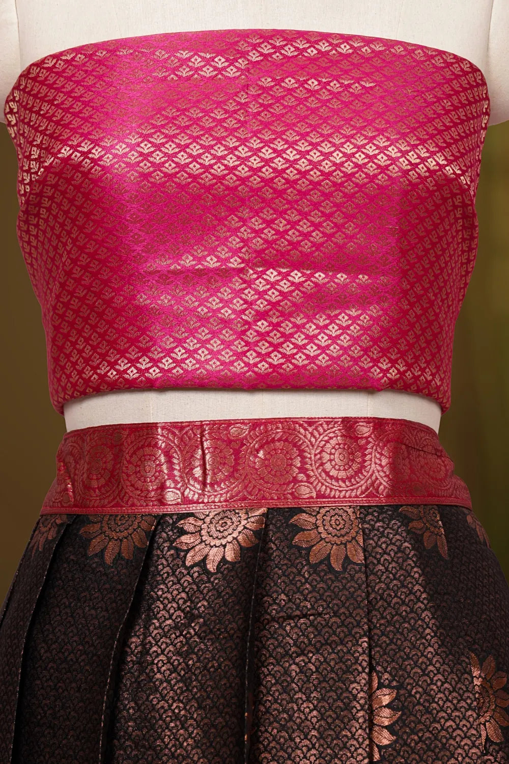 Black And Rani Pink Synthetic Brocade Dhavani Set