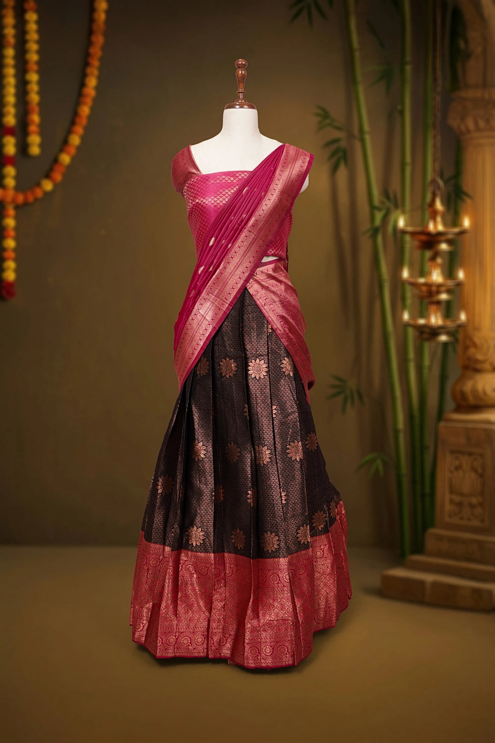 Black And Rani Pink Synthetic Brocade Dhavani Set