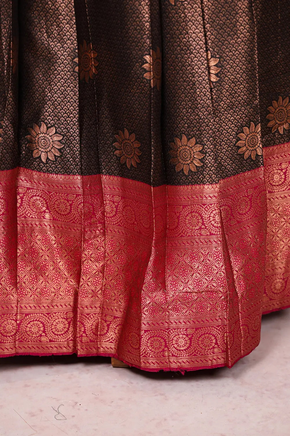 Black And Rani Pink Synthetic Brocade Dhavani Set