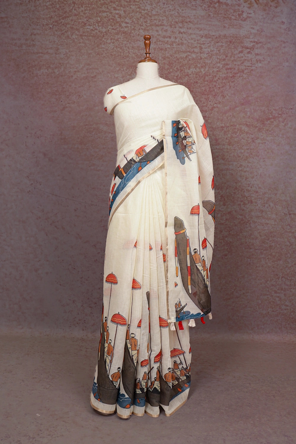 Off White Semi Linen Digital Printed Saree