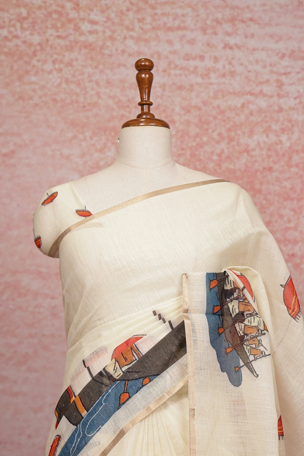 Off White Semi Linen Digital Printed Saree