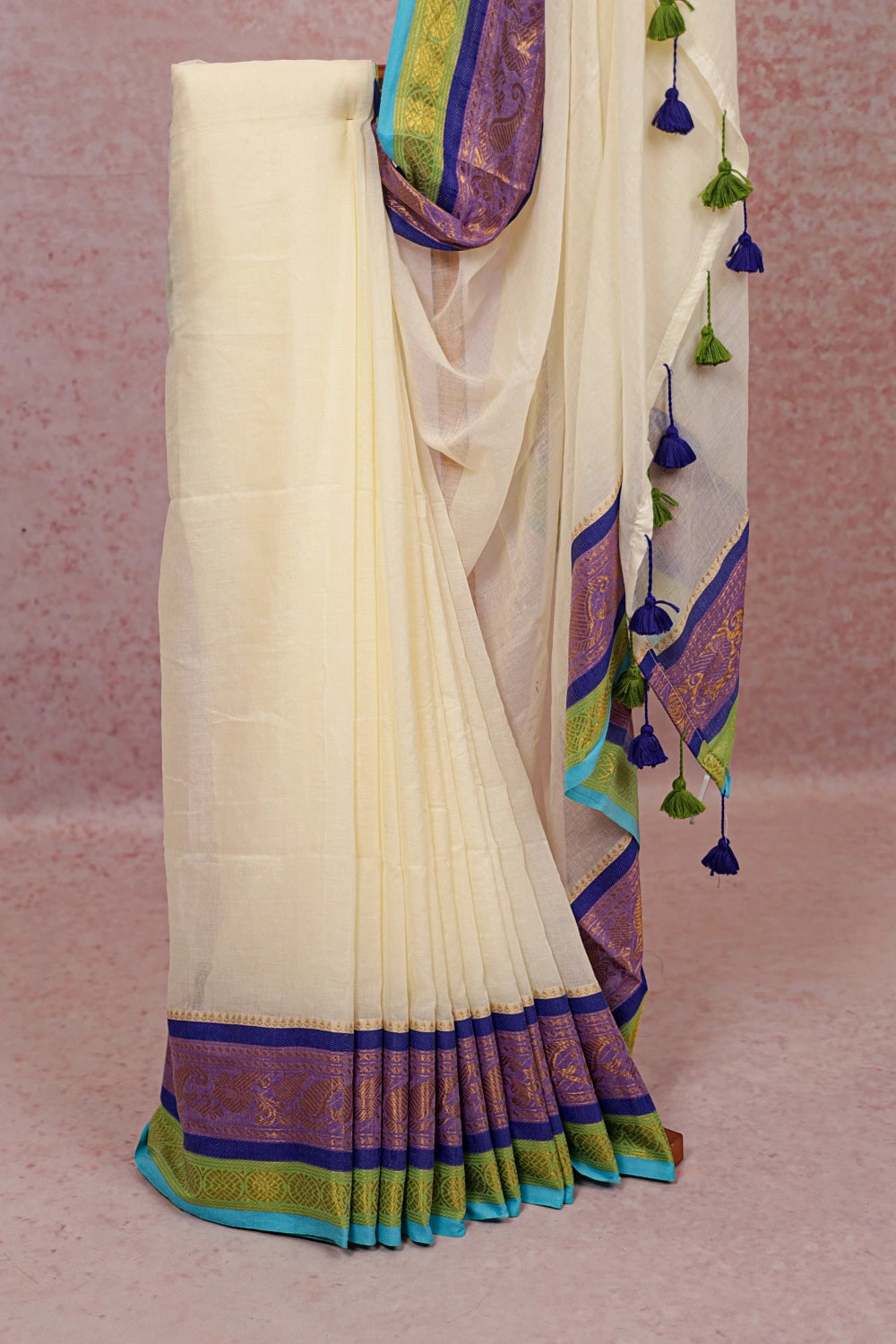 Off White Mul Cotton Kerala Saree