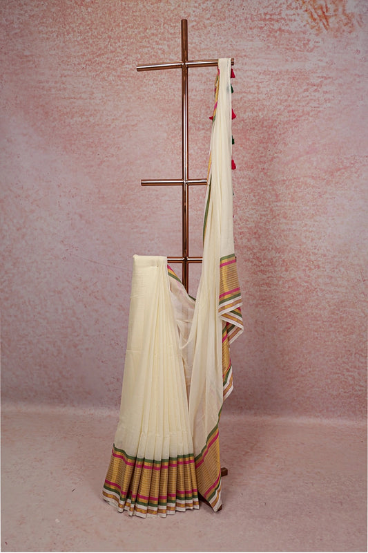 Off White Mul Cotton Kerala Saree