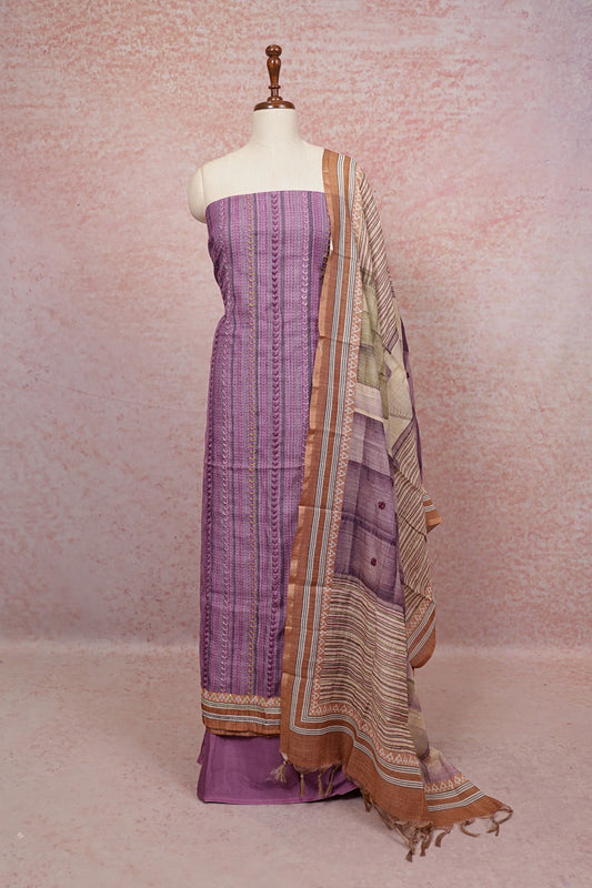 Lavender Semi Linen Thead Work Unstitched Churidhar Material