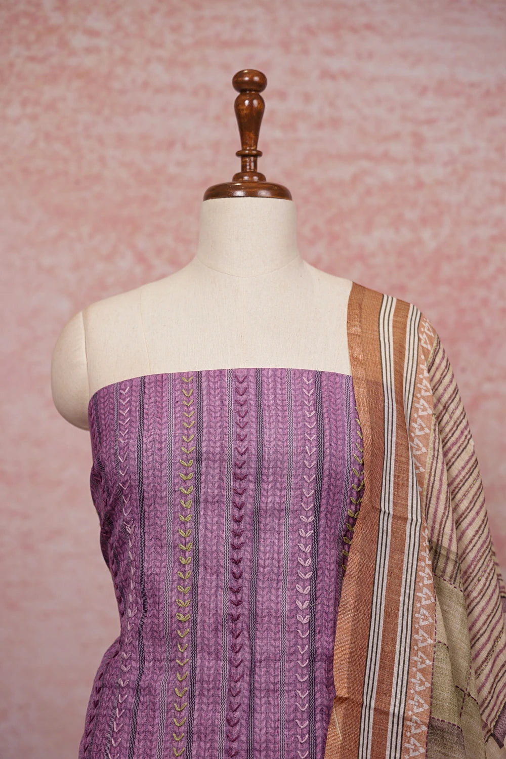 Lavender Semi Linen Thead Work Unstitched Churidhar Material