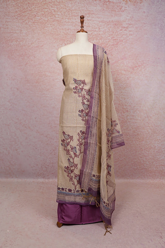 Sandal Semi Chanderi Embroidery Unstitched Churidhar Material