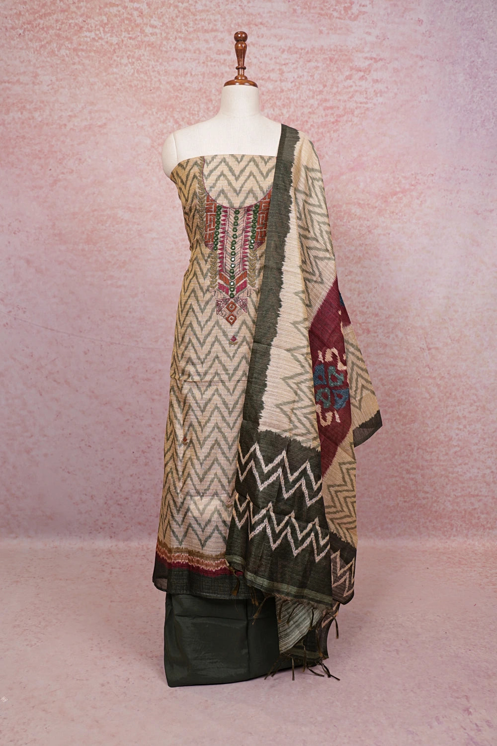 Sandal Semi Chanderi Printed Unstitched Churidhar Material