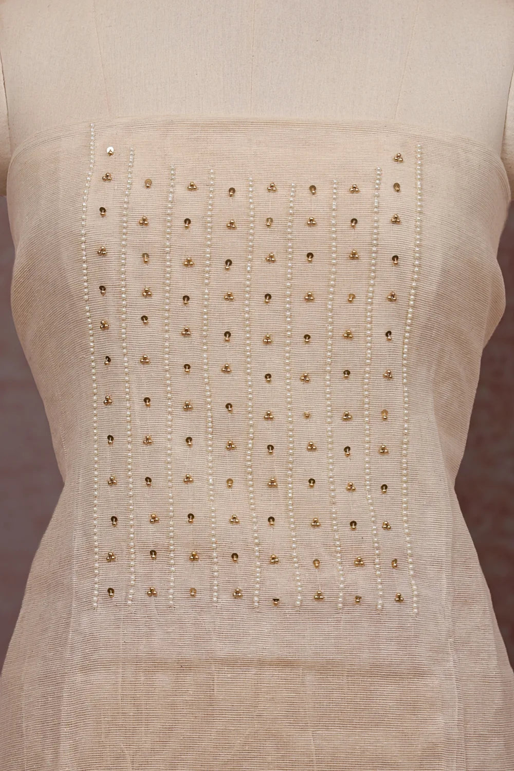 Cream Semi Linen Beads Work Unstitched Churidhar Material