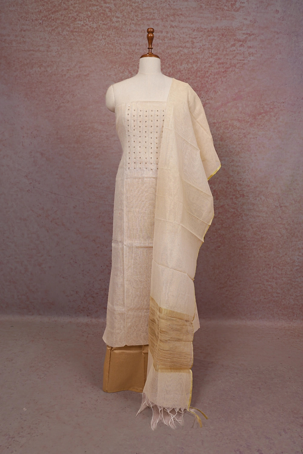 Cream Semi Linen Beads Work Unstitched Churidhar Material